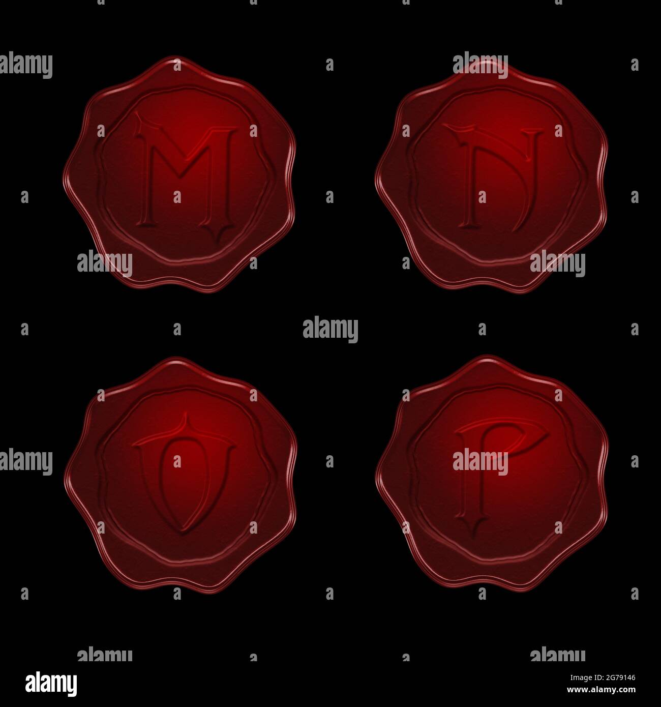 Rendu 3d de l'alphabet de cire rouge sur fond noir - lettres M-P. Banque D'Images