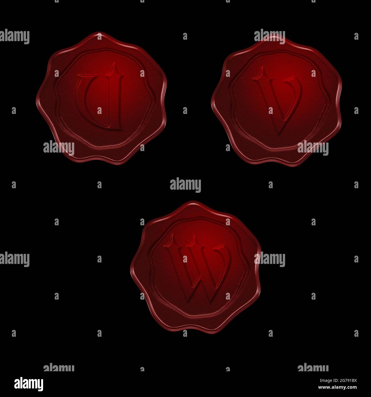 Rendu 3d de l'alphabet de cire rouge sur fond noir - lettres U-W Banque D'Images