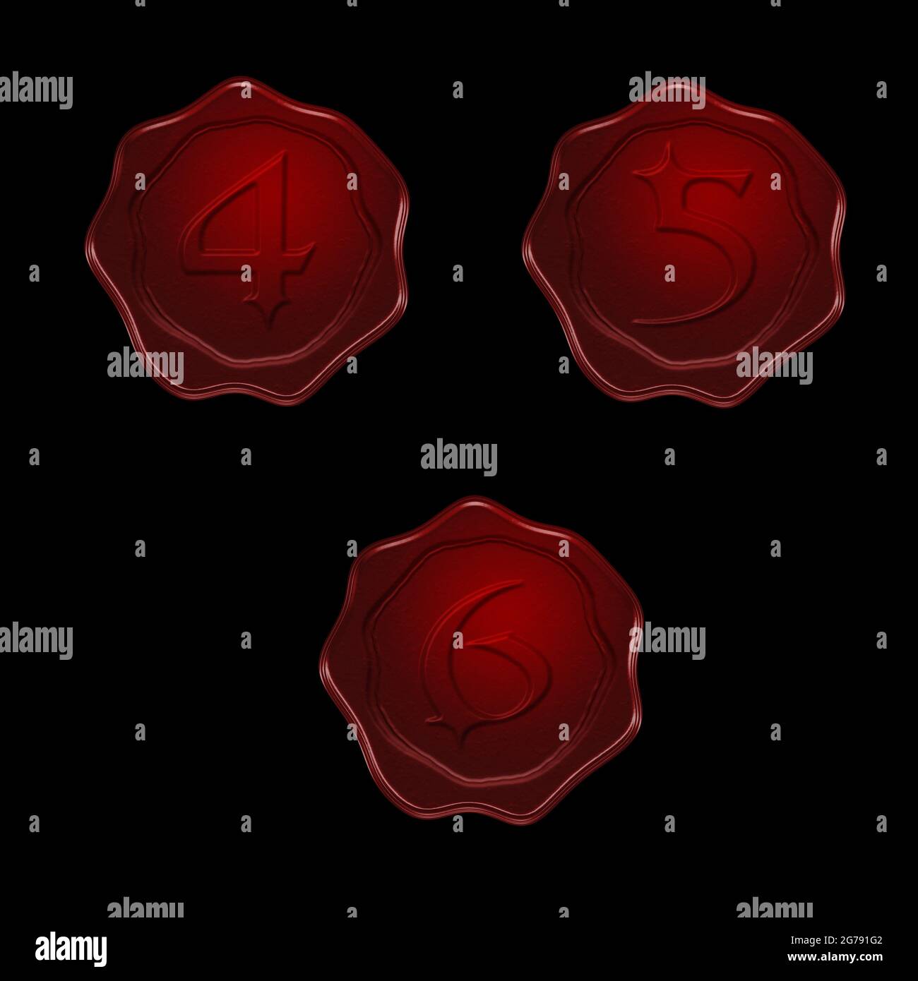 rendu 3d de l'alphabet red wax seal sur fond noir - chiffres 4-6 Banque D'Images