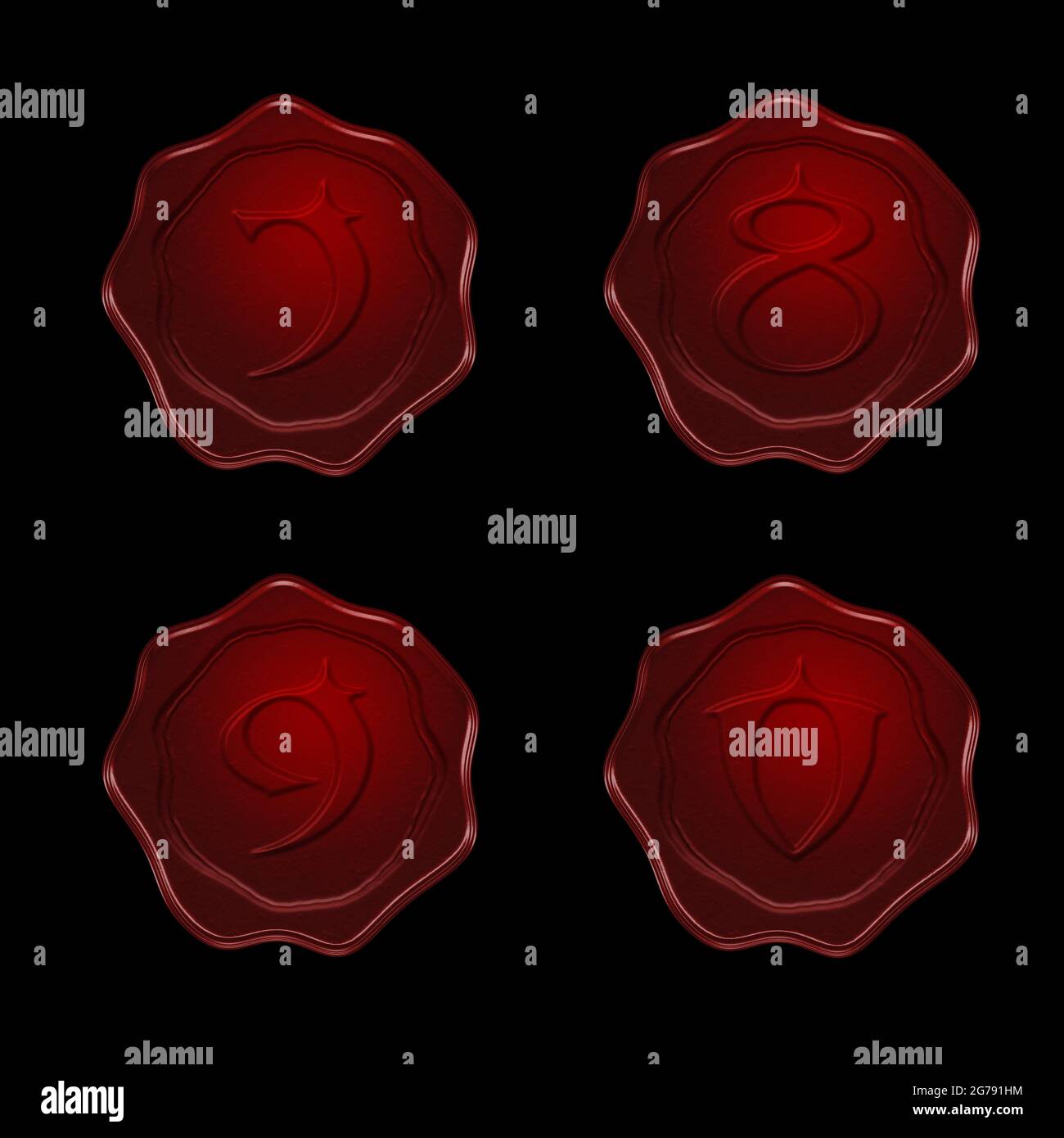 rendu 3d de l'alphabet red wax seal sur fond noir - chiffres 7-0 Banque D'Images