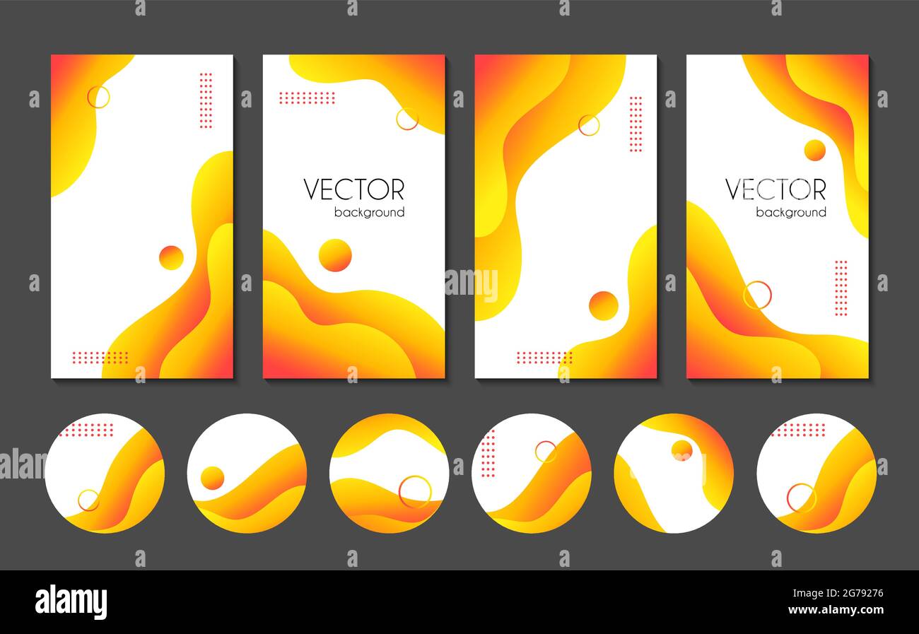 Résumé des modèles d'histoires jaunes liquides et surligner les icônes de couverture pour les médias sociaux. Arrière-plans de gradient de fluide vectoriel pour instagram Illustration de Vecteur