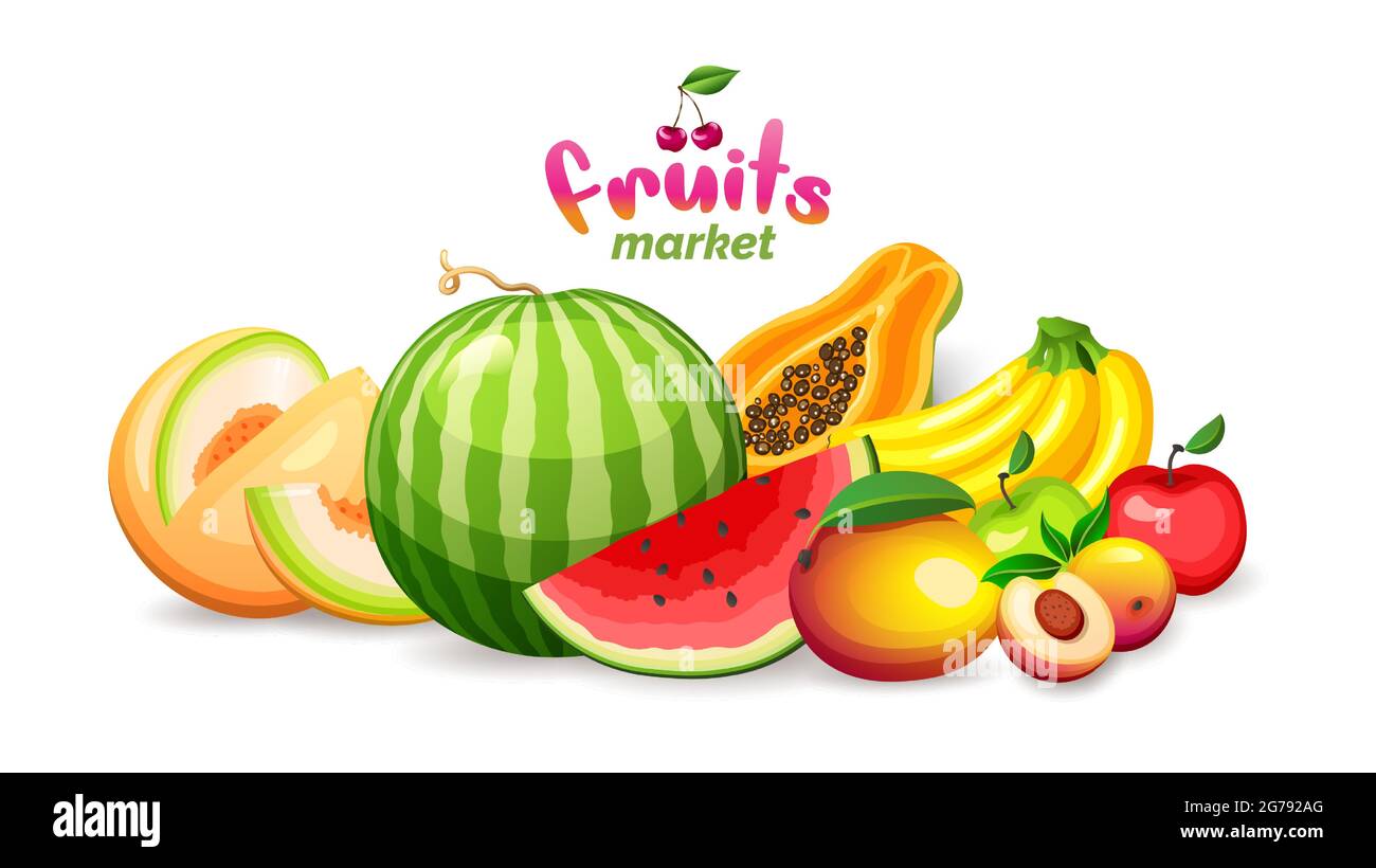 Montagne de fruits exotiques sur fond blanc, logo et bannière du marché des fruits, illustration vectorielle. Illustration de Vecteur