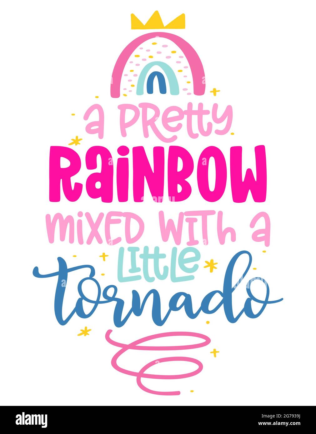 Un joli arc-en-ciel mélangé à un petit imprimé Tornado avec texte « Rainbow ». Main lettre script signe capture mot art design. Bon pour les t-shirts, pos Illustration de Vecteur