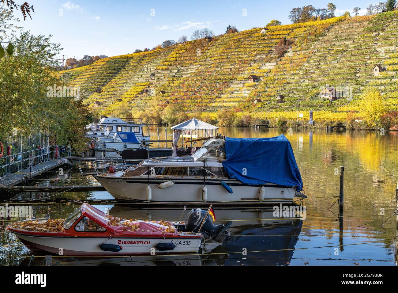 Europe, Allemagne, Bade-Wurtemberg, Stuttgart, petit port de plaisance dans le Neckar au sommet de Max-Eyth-See Banque D'Images Europe, Allemagne, Bade-Wurtemberg, Stuttgart, petit port de plaisance dans le Neckar au sommet de Max-Eyth-See Banque D'Images