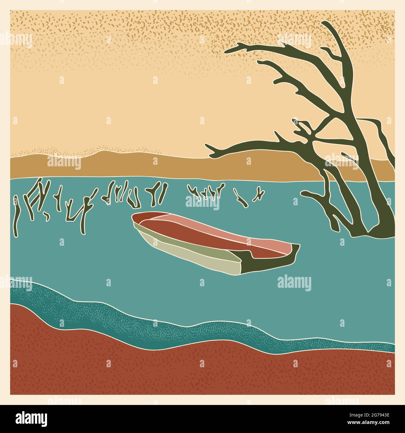 Affiche abstraite de paysage rétro. Bateau stylisé dans un lac avec troncs d'arbres secs, montagnes à l'horizon illustration vectorielle avec des bruits Illustration de Vecteur