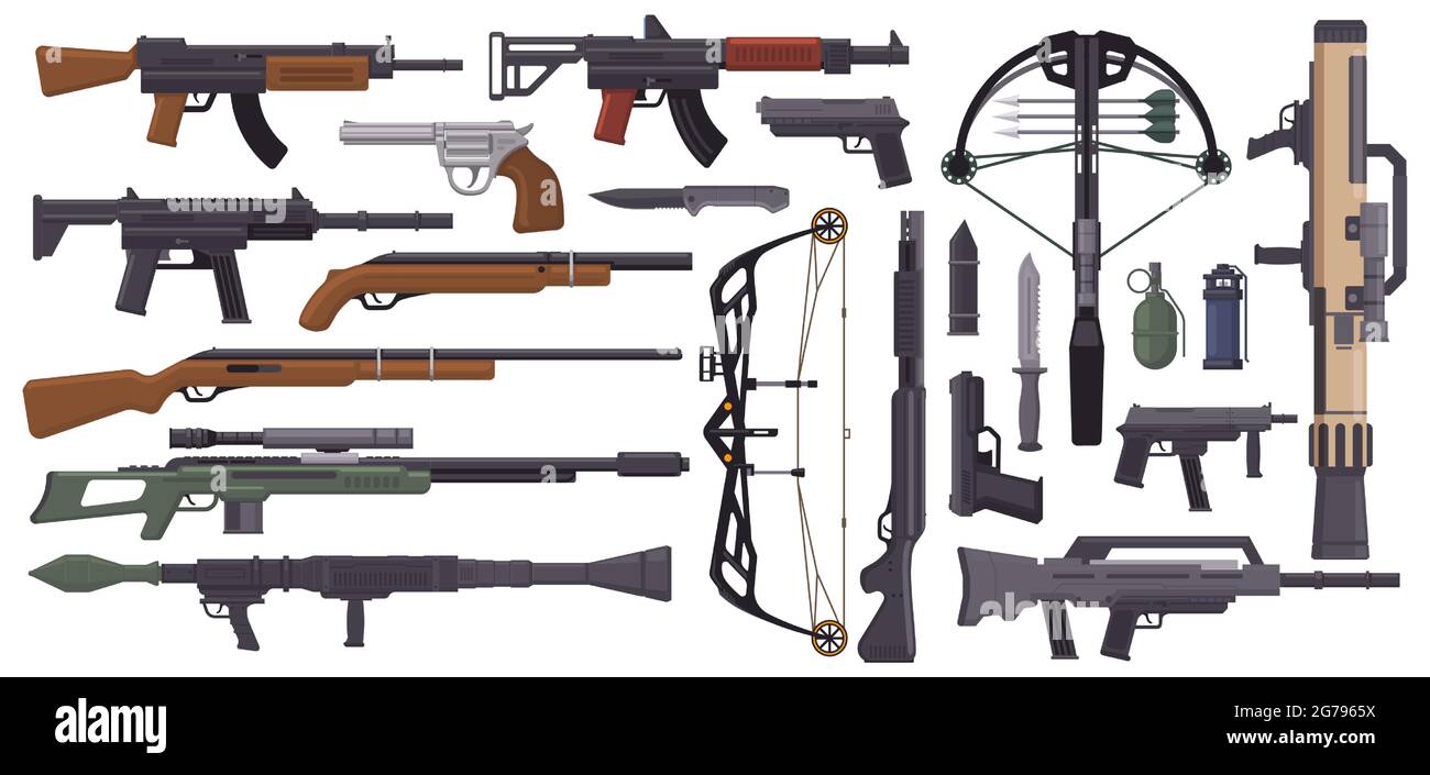 Armes à feu. Armes militaires, pistolet à canon, arbalète, couteaux, grenade et mitrailleuse, arme à feu automatique fournit un ensemble d'illustrations vectorielles. Arme militaire Illustration de Vecteur