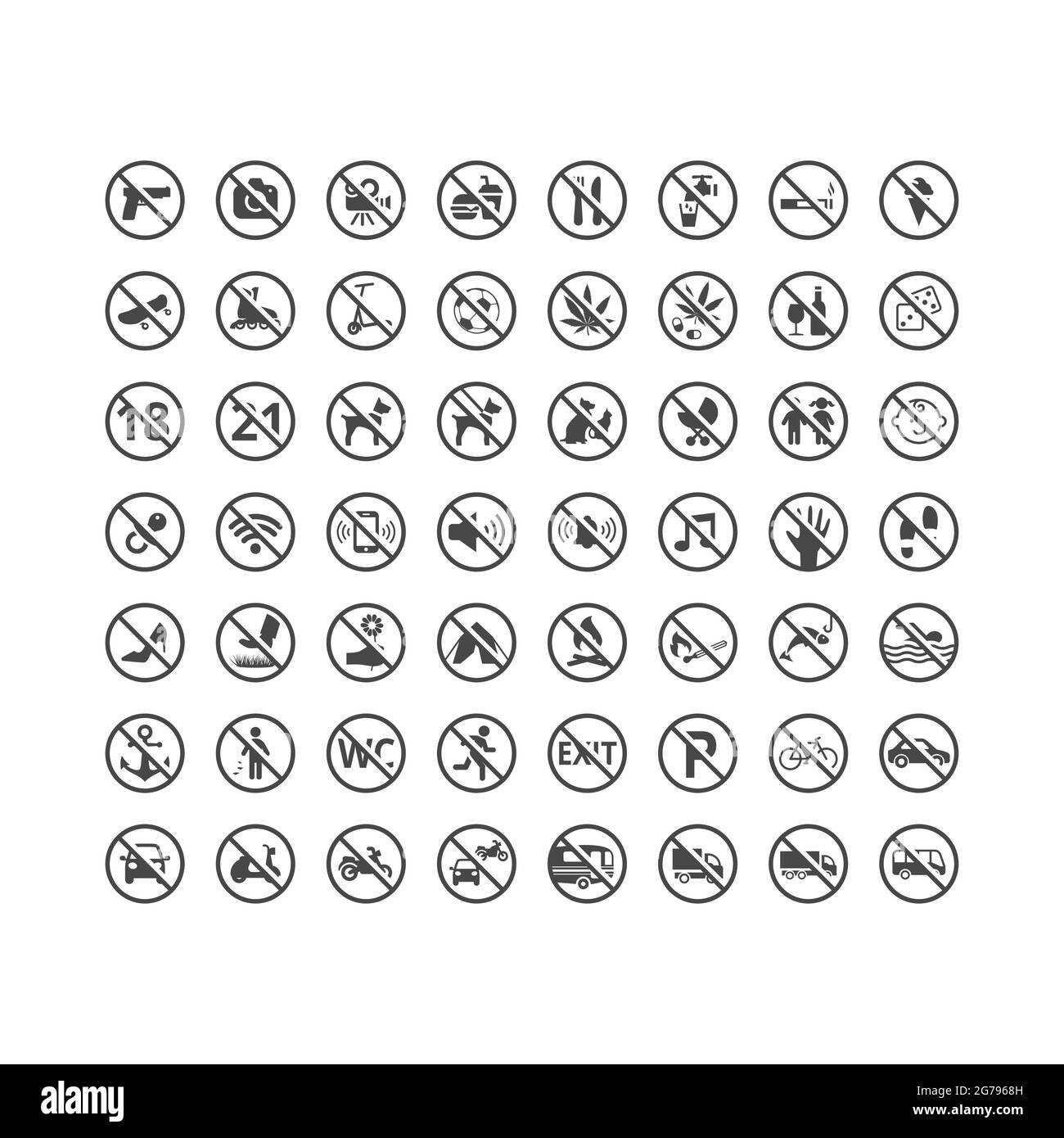 Ensemble de panneaux d'interdiction. Panneaux interdits sans nourriture, sans appareil photo, pas de parking et etc. Illustration de Vecteur