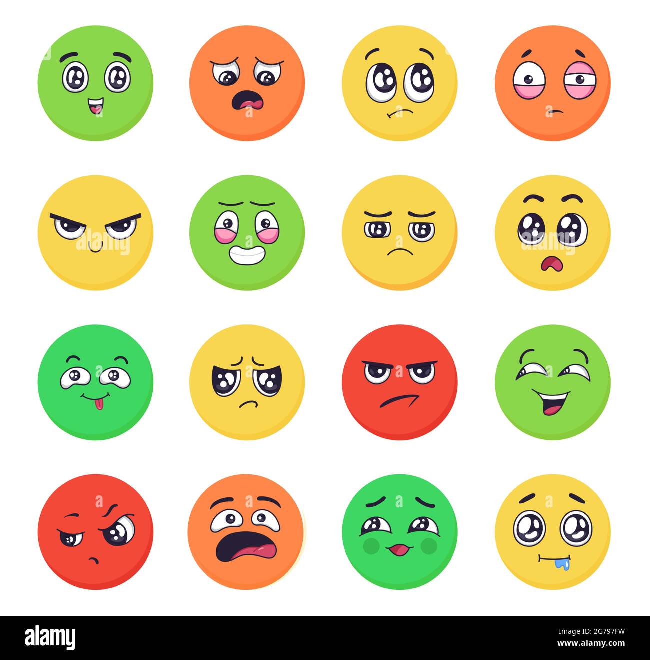 Dessin animé émotions visages ensemble. Emoji expressions avec colère et triste, bonheur et joie des gestes faciaux de différentes couleurs Illustration de Vecteur