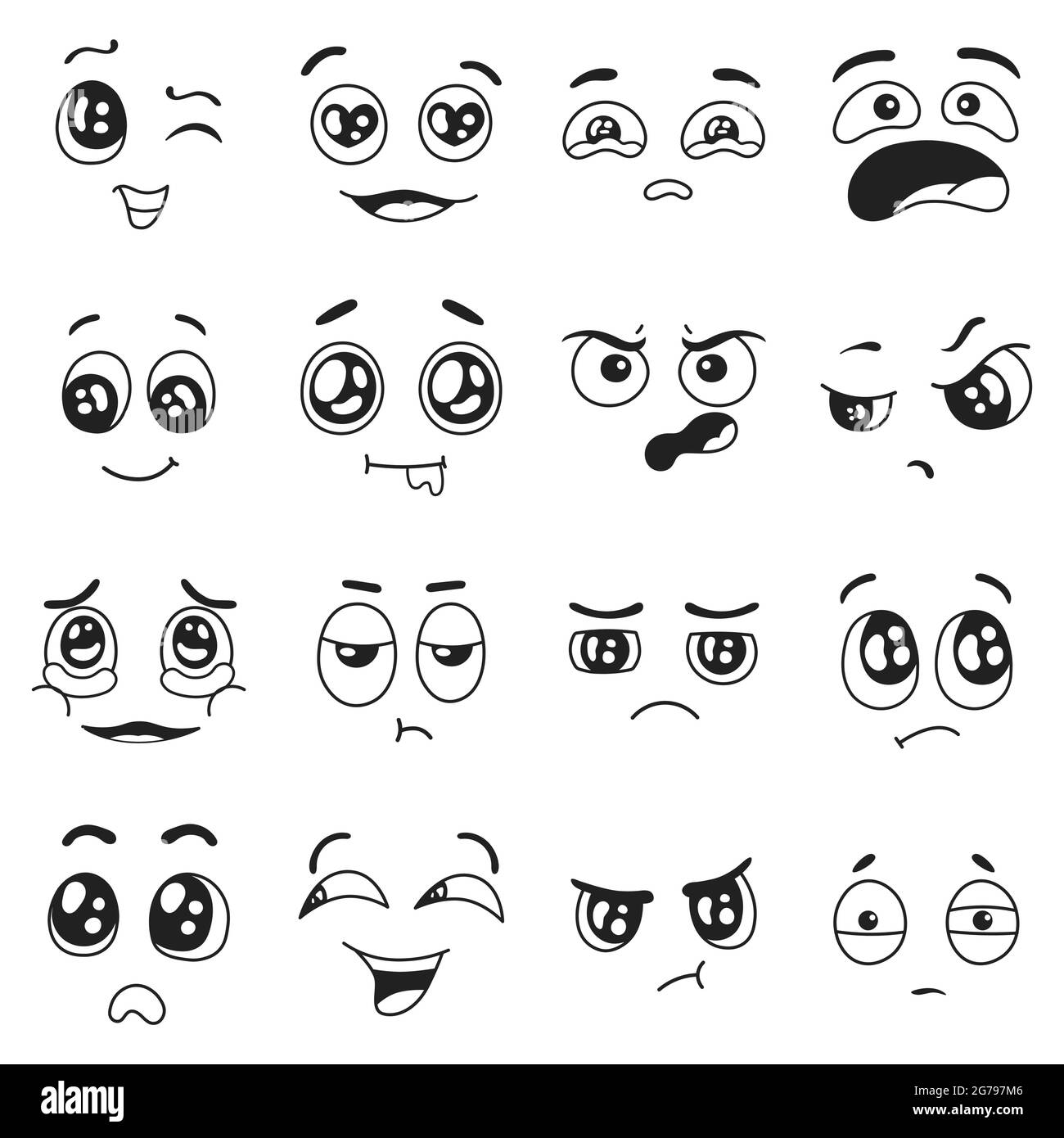 Doodle Emotions Set. Heureux et triste, pleurant et dans l'amour des expressions faciales. Emoji surpris et confus Illustration de Vecteur