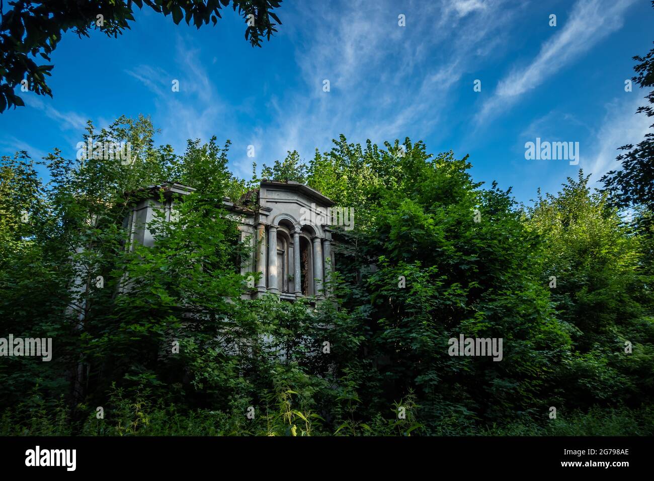 Ruines d'un ancien palais abandonné envahi de buissons. Ciel bleu, gommage vert autour de l'objet. Photo prise à midi, conditions d'éclairage parfaites Banque D'Images