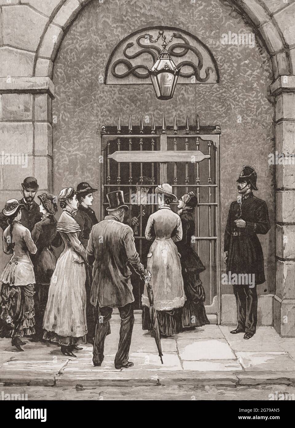 Prison de Kilmainham, Dublin, République d'Irlande. Les familles irlandaises attendent à la porte principale pour entrer et visiter les prisonniers. De la London Illustrated News, 5 novembre 1881. Banque D'Images