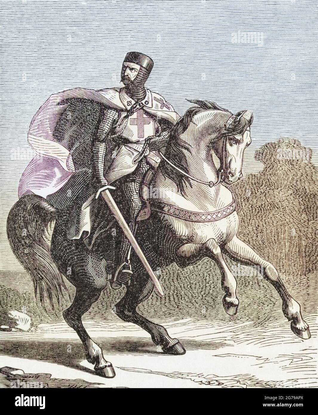 Un soldat des Templiers. L'ordre était également connu comme les pauvres Fellow-soldats du Christ et du Temple de Salomon et du Temple de l'ordre de Salomon, ou plus communément les Templiers. Il existait entre 1128 et 1312. Après une gravure du XIXe siècle par Frits Ohrloff. Banque D'Images