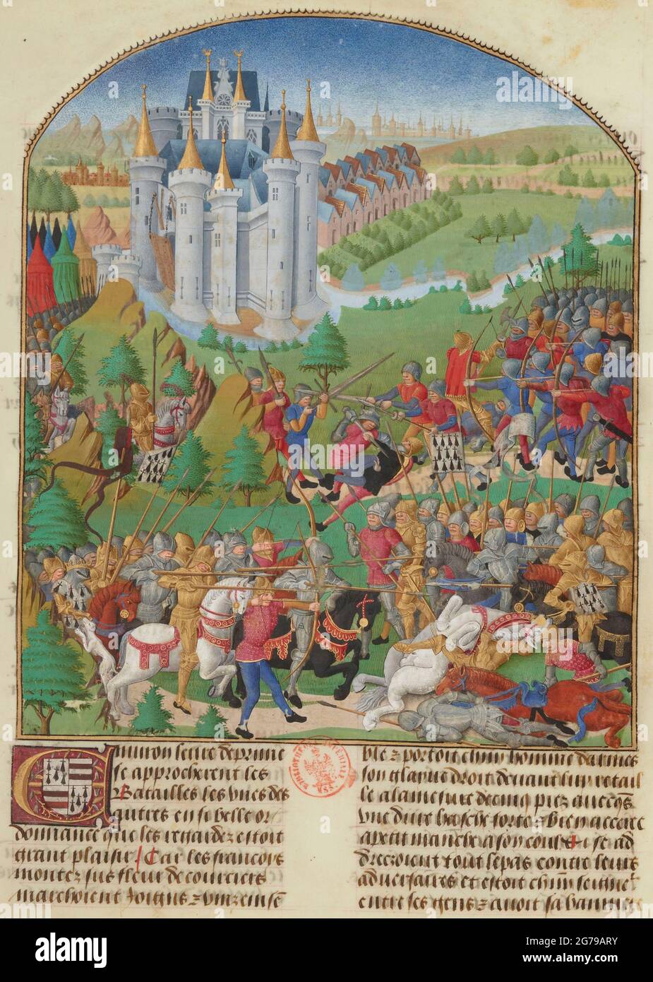 La bataille d'Auray le 29 septembre 1364 (miniature de la compilation des copains et ystoires des Bretons). MUSÉE : BIBLIOTHÈQUE NATIONALE DE FRANCE. Auteur: ANONYME. Banque D'Images