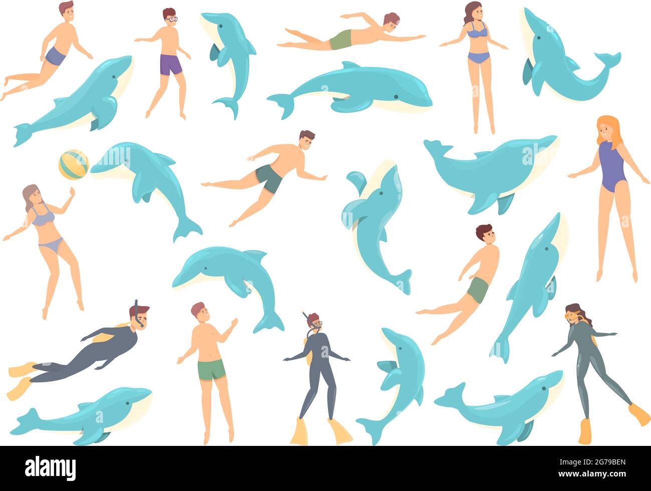 Nagez avec les dauphins icônes définir le vecteur de dessin animé. Animal à la main. Dauphins aquatiques Illustration de Vecteur
