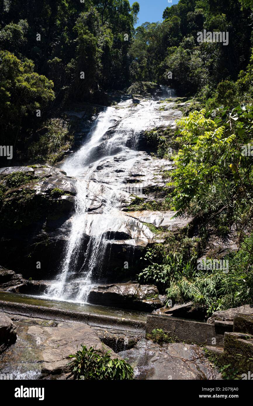 Belle cascade appelée 'Cascatinha Taunay' sur la nature verte dans la forêt tropicale de l'Atlantique, parc national de la forêt de Tijuca à Alto da Boa Vista, Rio de Janeiro, Brésil Banque D'Images