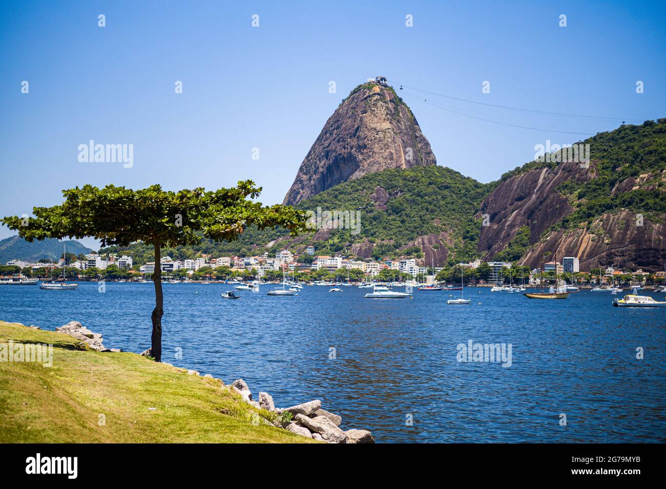 Vue sur le ciel bleu clair sur le mont Sugarloaf (Pí€o de Açúcar) depuis le Parque do Flamengo près de Botafogo à Rio de Janeiro, Brésil.Prise de vue avec Leica M10 Banque D'Images