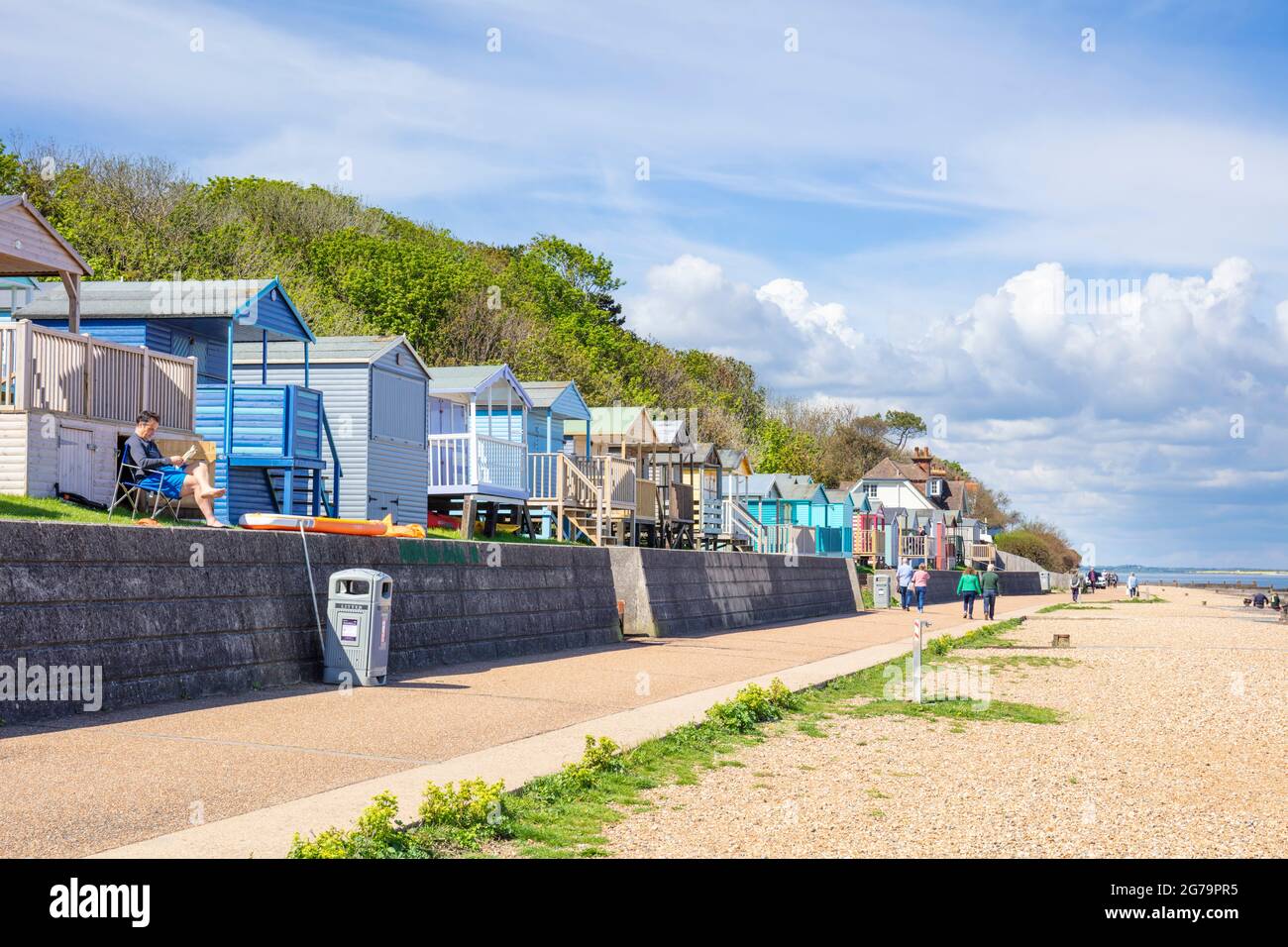 Rangées colorées de huttes en bois, chalets ou cabanes de plage Whitstable sur les pentes herbeuses de Tankerton sous Marine Parade Whitstable Kent Angleterre GB Europe Banque D'Images