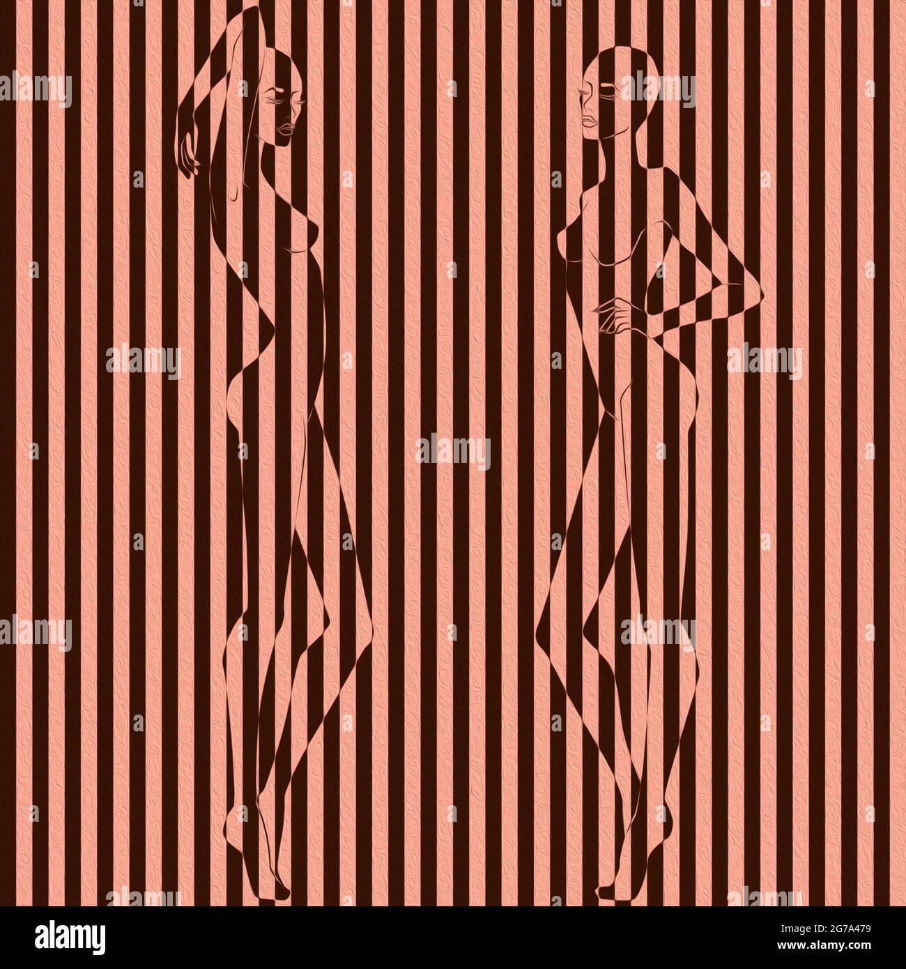 Résumé de deux femmes de charme dans l'illustration divisée en bandes colorées, pseudo 3D effet visuel, négatif et l'expression conceptuelle positive Banque D'Images