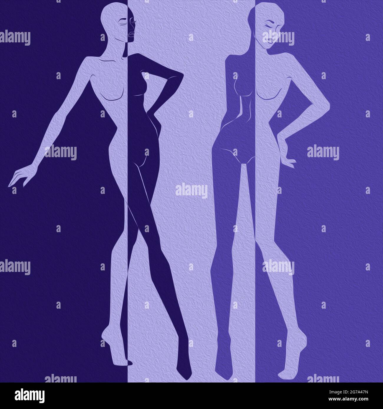 Résumé de deux femmes attirantes divisé dans un espace positif négatif, expression conceptuelle colorée Banque D'Images