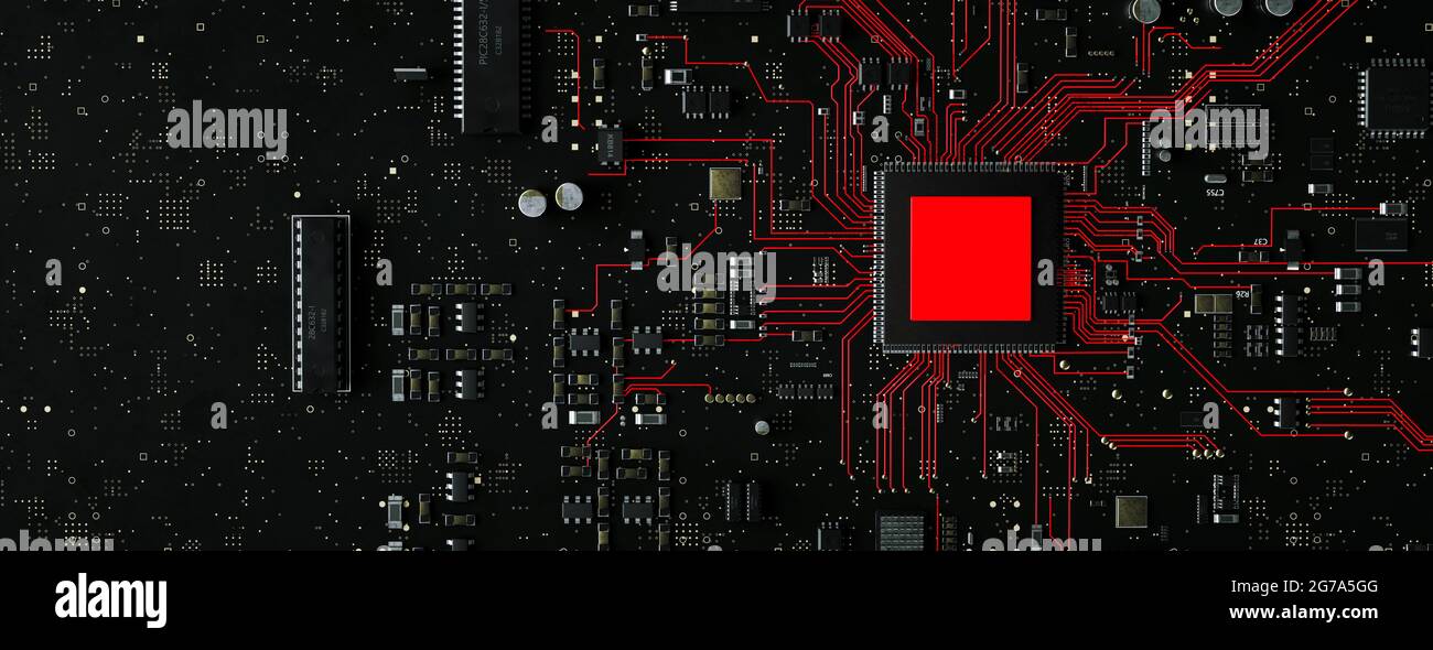 Carte de circuit imprimé moderne avec informations conceptuelles rouges s'exécutant à partir du processeur avec un rendu 3d de virus Banque D'Images
