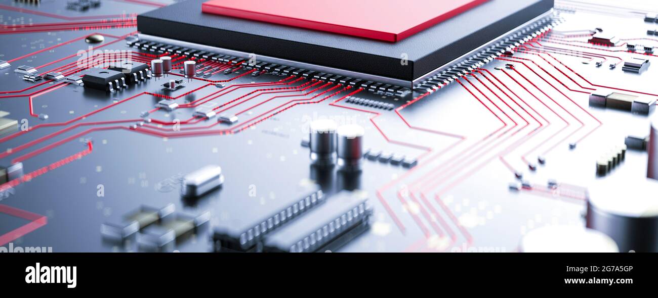 Carte de circuit imprimé moderne avec informations conceptuelles rouges s'exécutant à partir du processeur avec un rendu 3d de virus Banque D'Images