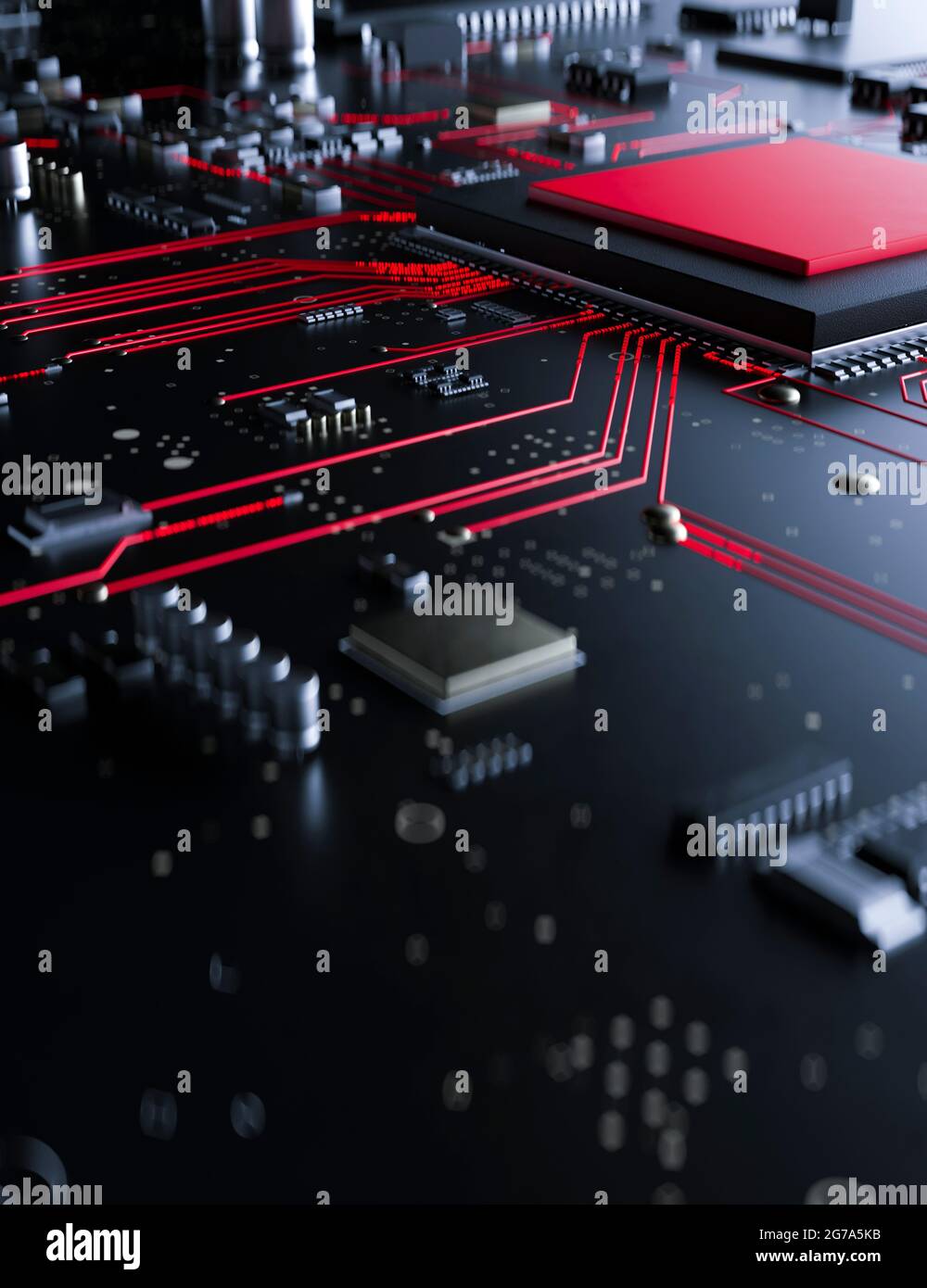 Carte de circuit imprimé moderne avec informations conceptuelles rouges s'exécutant à partir du processeur avec un rendu 3d de virus Banque D'Images