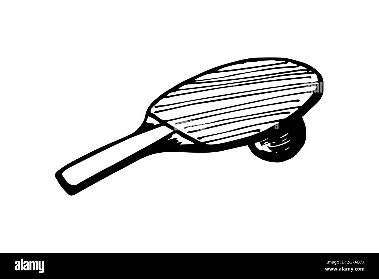 Dessin à la main de la raquette de ping-pong et de la balle.Équipement de tennis de table.Concept d'icône de jeu de ping-pong.Vector eps encre noire Doodle illustration isolée sur fond blanc Illustration de Vecteur