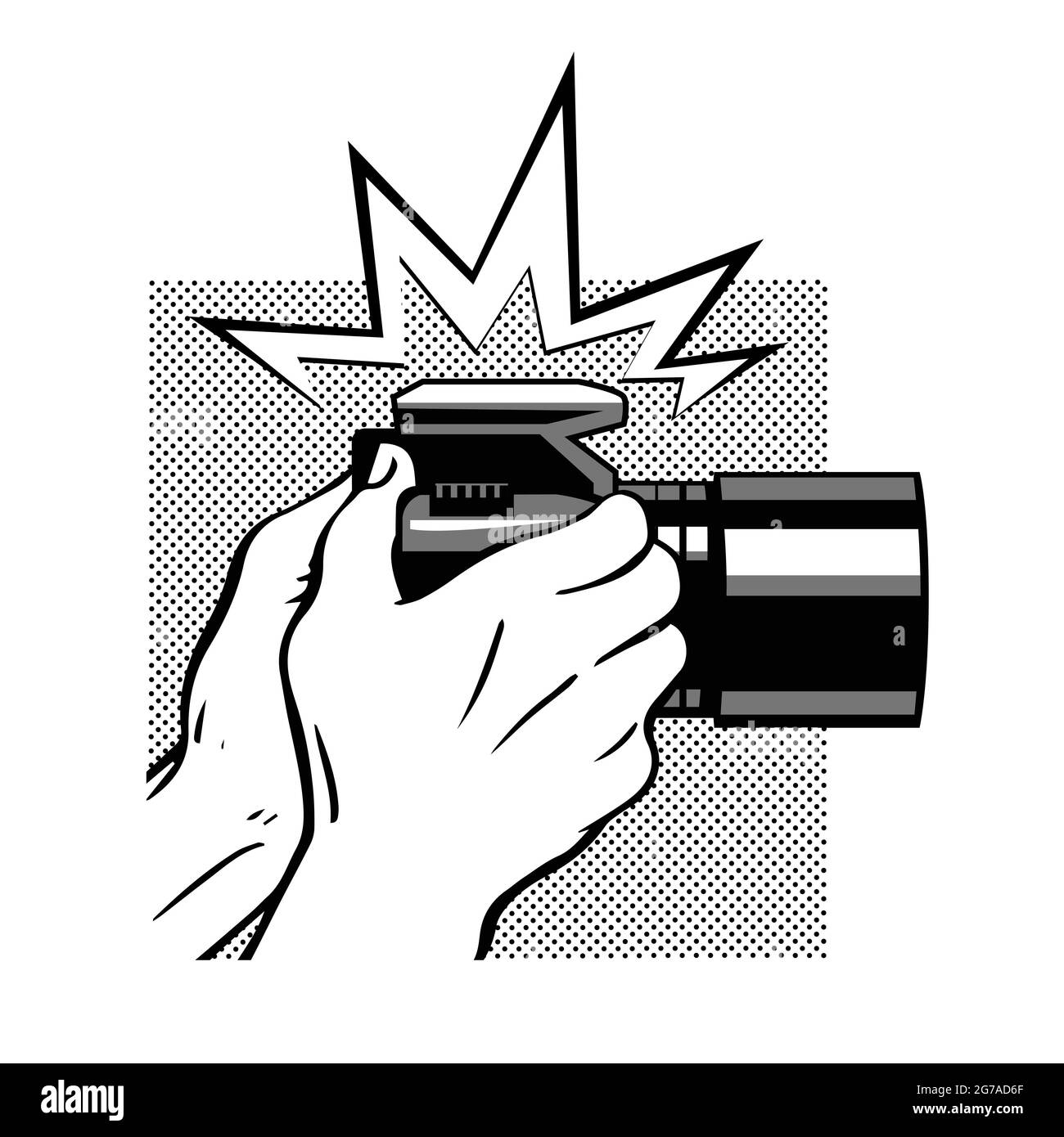 Mains masculines avec un appareil photo. Cliquez et flashez. Le travail d'un photographe et d'un journaliste. Illustration noire et blanche isolée en style pop art Banque D'Images Mains masculines avec un appareil photo. Cliquez et flashez. Le travail d'un photographe et d'un journaliste. Illustration noire et blanche isolée en style pop art Banque D'Images