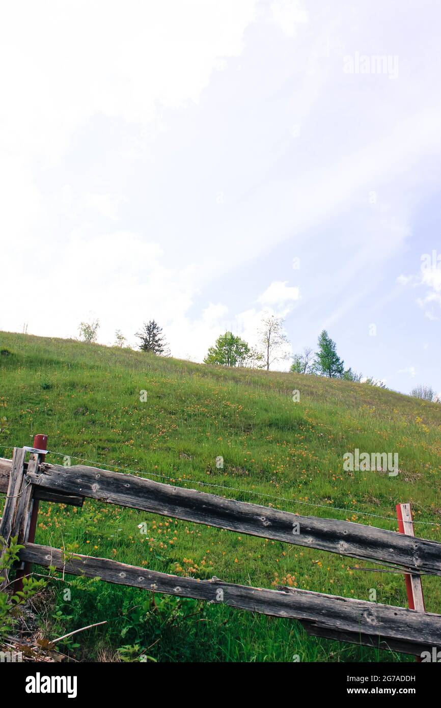 Vue sur une clôture sur un pré Banque D'Images
