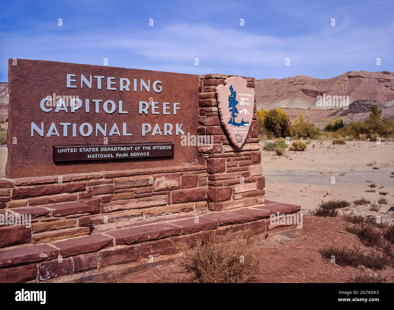 Panneau d'entrée, parc national Capitol Reef, Utah, États-Unis, Banque D'Images