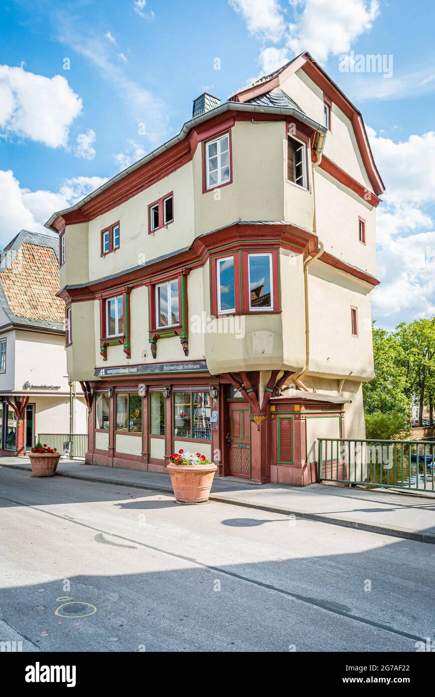 1495, Pont du Vieux Nahe, Bad Kreuznach, pont, maisons de pont, Pont Saint patron, Croix du Christ, protection des monuments, maisons, Johannes von Nepomuk, KH, ville de quartier, Mannheimerstrasse, Mühlenteich, Nahe, affluent, côté amont, porphyre, grès, pont en pierre, Wörthinsel Banque D'Images