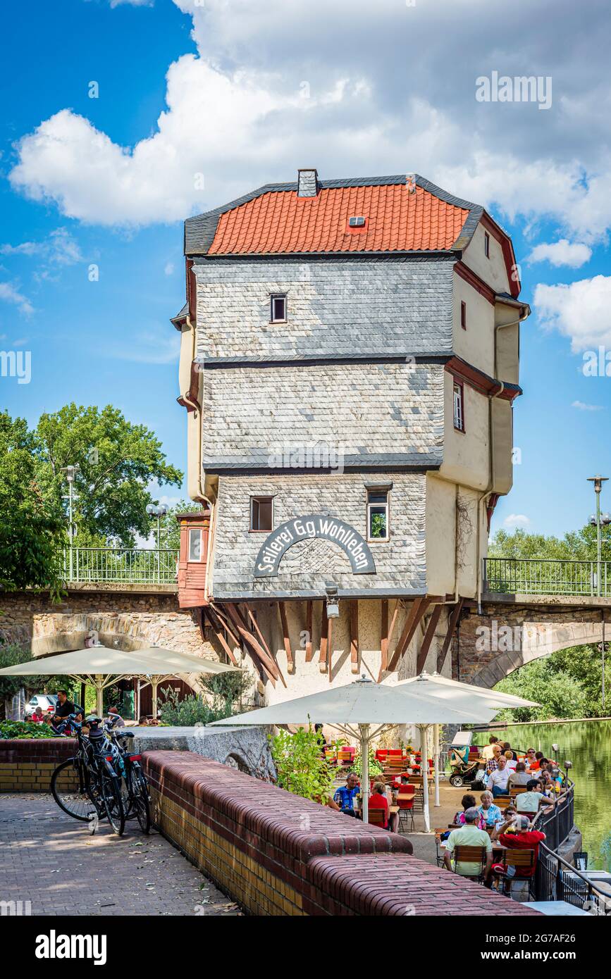 1495, Pont du Vieux Nahe, Bad Kreuznach, pont, maisons de pont, Pont Saint patron, Croix du Christ, protection des monuments, maisons, Johannes von Nepomuk, KH, ville de quartier, Mannheimerstrasse, Mühlenteich, Nahe, affluent, côté amont, porphyre, grès, pont en pierre, Wörthinsel Banque D'Images