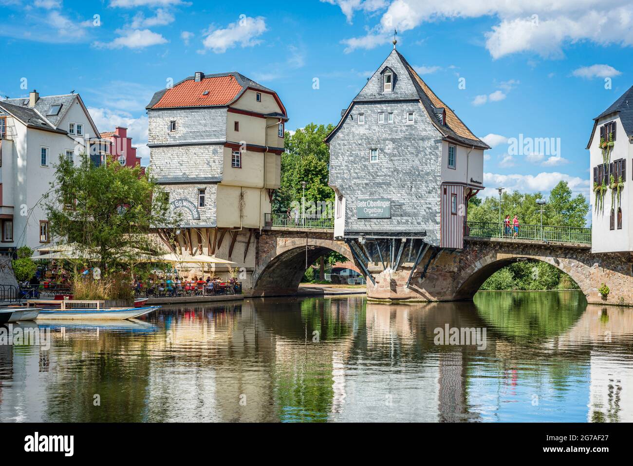 1495, Pont du Vieux Nahe, Bad Kreuznach, pont, maisons de pont, Pont Saint patron, Croix du Christ, protection des monuments, maisons, Johannes von Nepomuk, KH, ville de quartier, Mannheimerstrasse, Mühlenteich, Nahe, affluent, côté amont, porphyre, grès, pont en pierre, Wörthinsel Banque D'Images