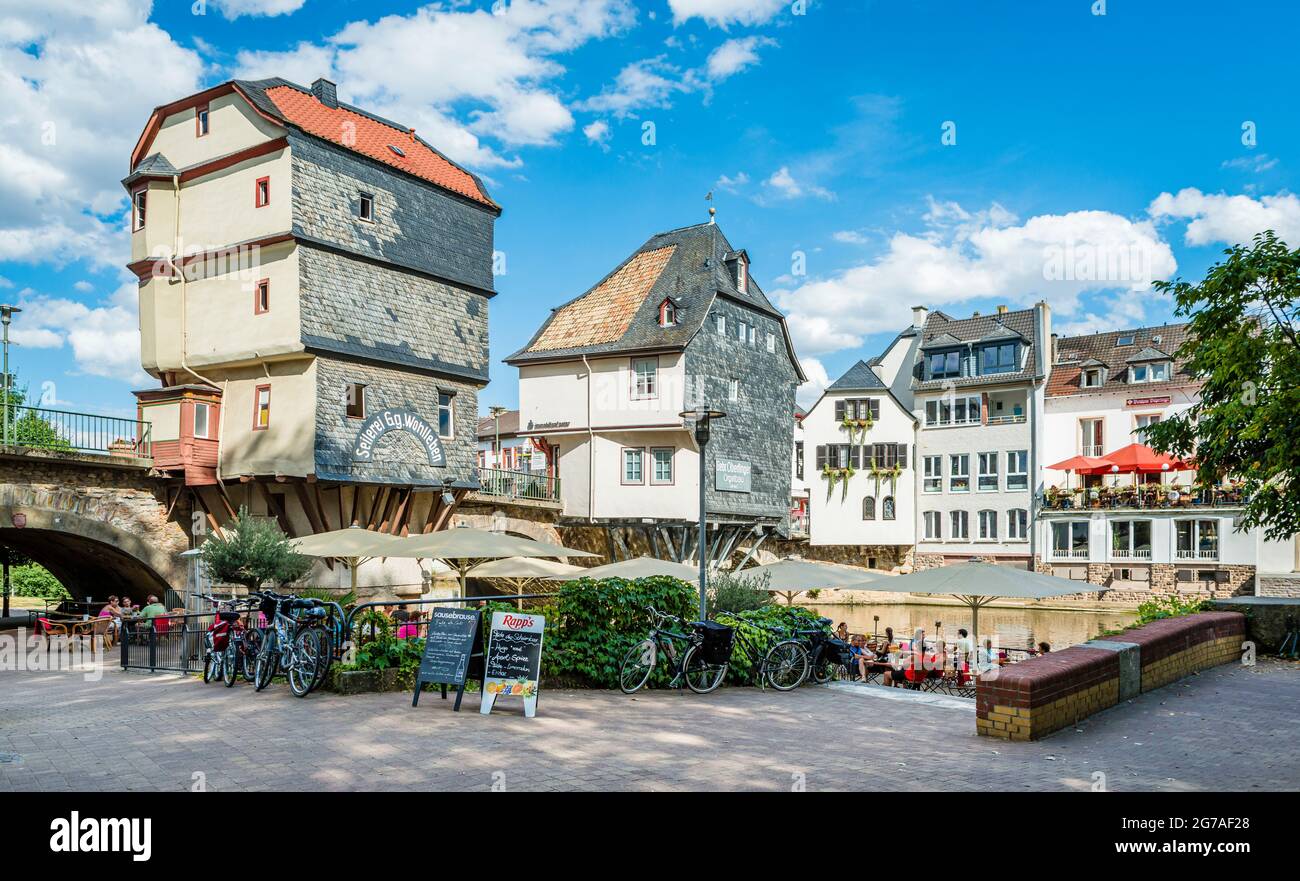 1495, Pont du Vieux Nahe, Bad Kreuznach, pont, maisons de pont, Pont Saint patron, Croix du Christ, protection des monuments, maisons, Johannes von Nepomuk, KH, ville de quartier, Mannheimerstrasse, Mühlenteich, Nahe, affluent, côté amont, porphyre, grès, pont en pierre, Wörthinsel Banque D'Images