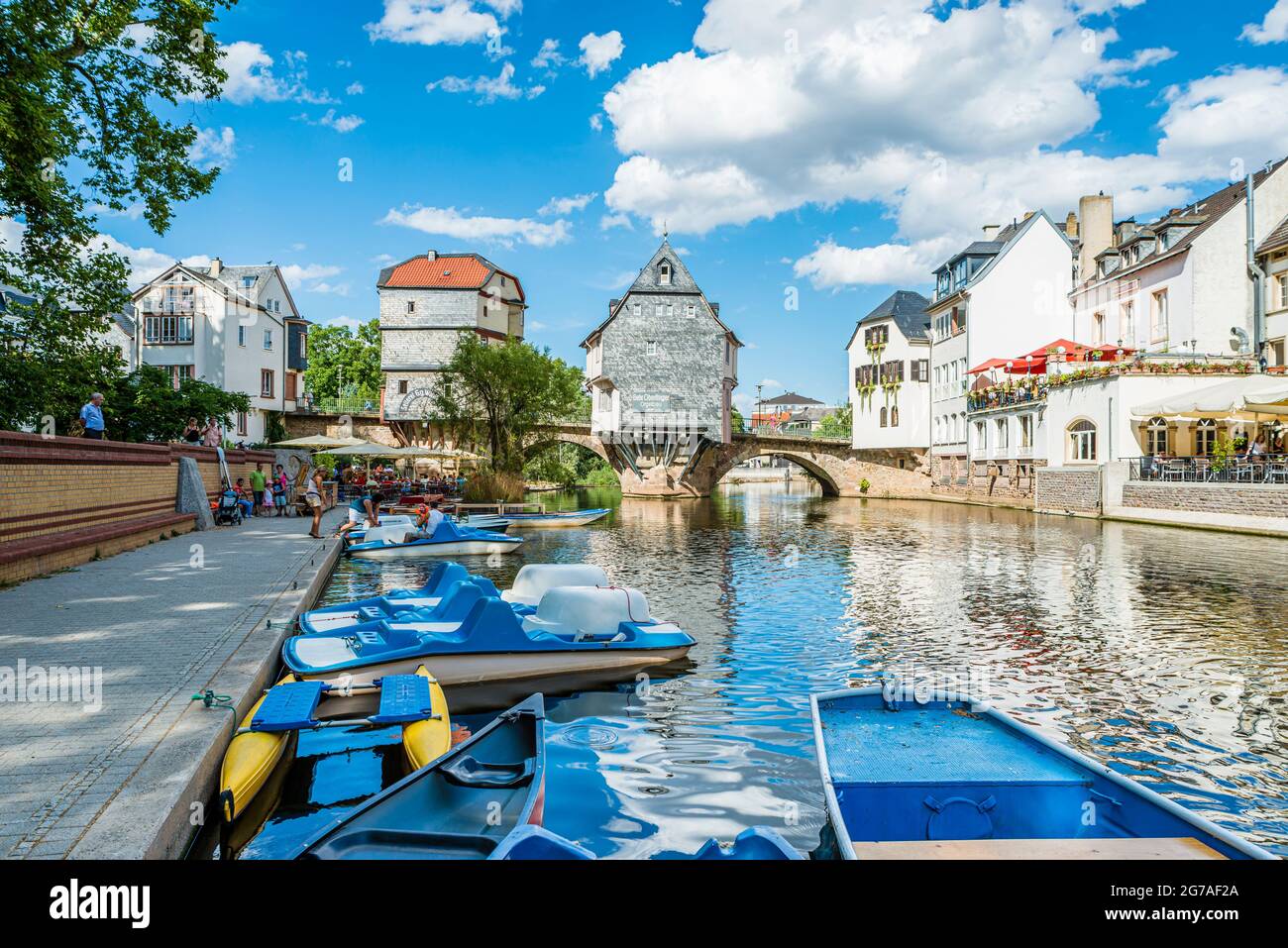 1495, Pont du Vieux Nahe, Bad Kreuznach, pont, maisons de pont, Pont Saint patron, Croix du Christ, protection des monuments, maisons, Johannes von Nepomuk, KH, ville de quartier, Mannheimerstrasse, Mühlenteich, Nahe, affluent, côté amont, porphyre, grès, pont en pierre, Wörthinsel Banque D'Images