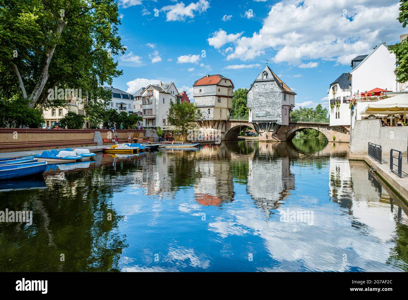 1495, Pont du Vieux Nahe, Bad Kreuznach, pont, maisons de pont, Pont Saint patron, Croix du Christ, protection des monuments, maisons, Johannes von Nepomuk, KH, ville de quartier, Mannheimerstrasse, Mühlenteich, Nahe, affluent, côté amont, porphyre, grès, pont en pierre, Wörthinsel Banque D'Images