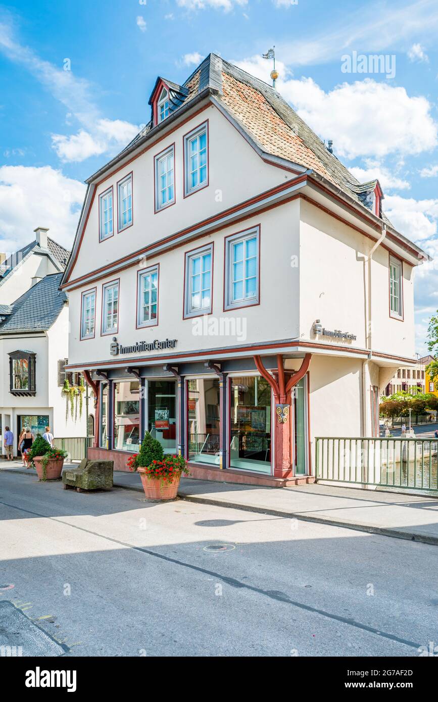 1495, Pont du Vieux Nahe, Bad Kreuznach, pont, maisons de pont, Pont Saint patron, Croix du Christ, protection des monuments, maisons, Johannes von Nepomuk, KH, ville de quartier, Mannheimerstrasse, Mühlenteich, Nahe, affluent, côté amont, porphyre, grès, pont en pierre, Wörthinsel Banque D'Images