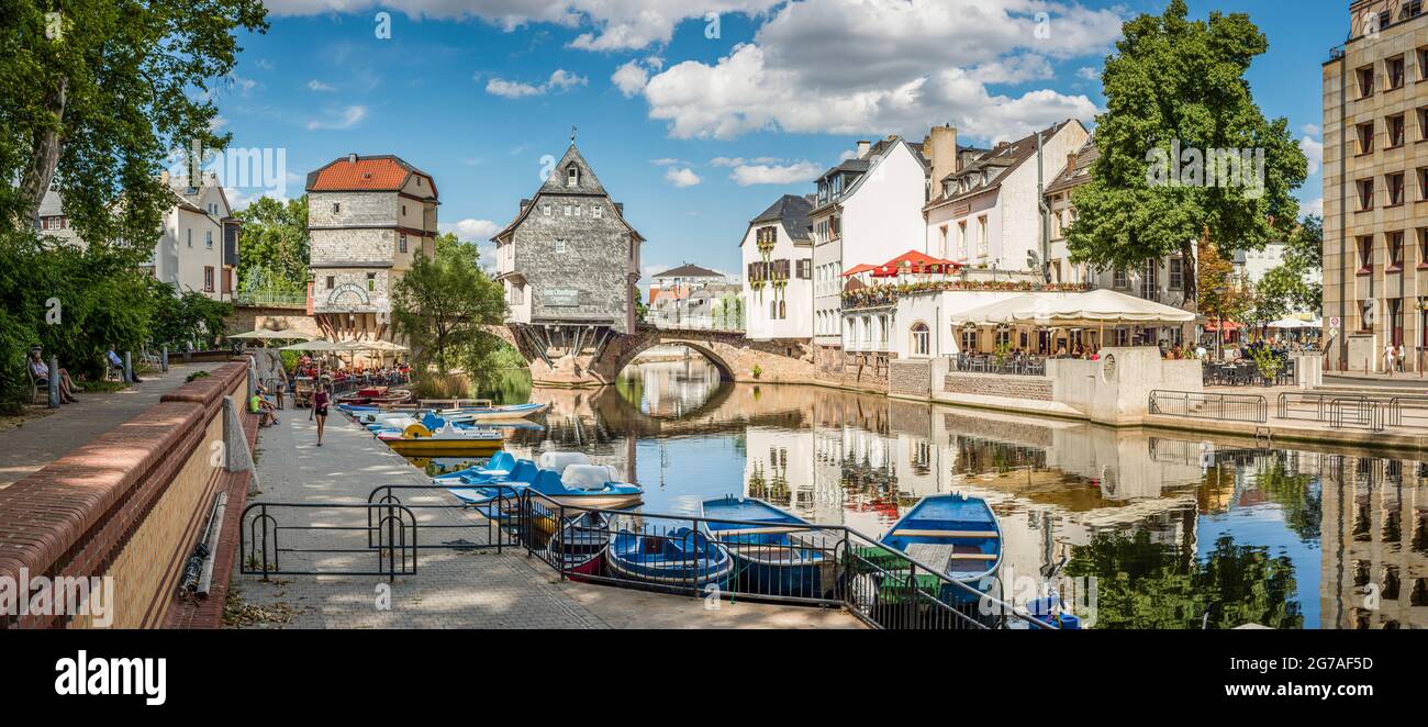 1495, vieux pont de Nahe, Bad Kreuznach, pont, maisons de pont, Pont Saint patron, Christ Cross, protection monument, maisons, Johannes von Nepomuk, KH, ville du quartier, Mannheimerstrasse, étang du moulin, Nahe, affluent, côté amont, porphyre, Banque D'Images