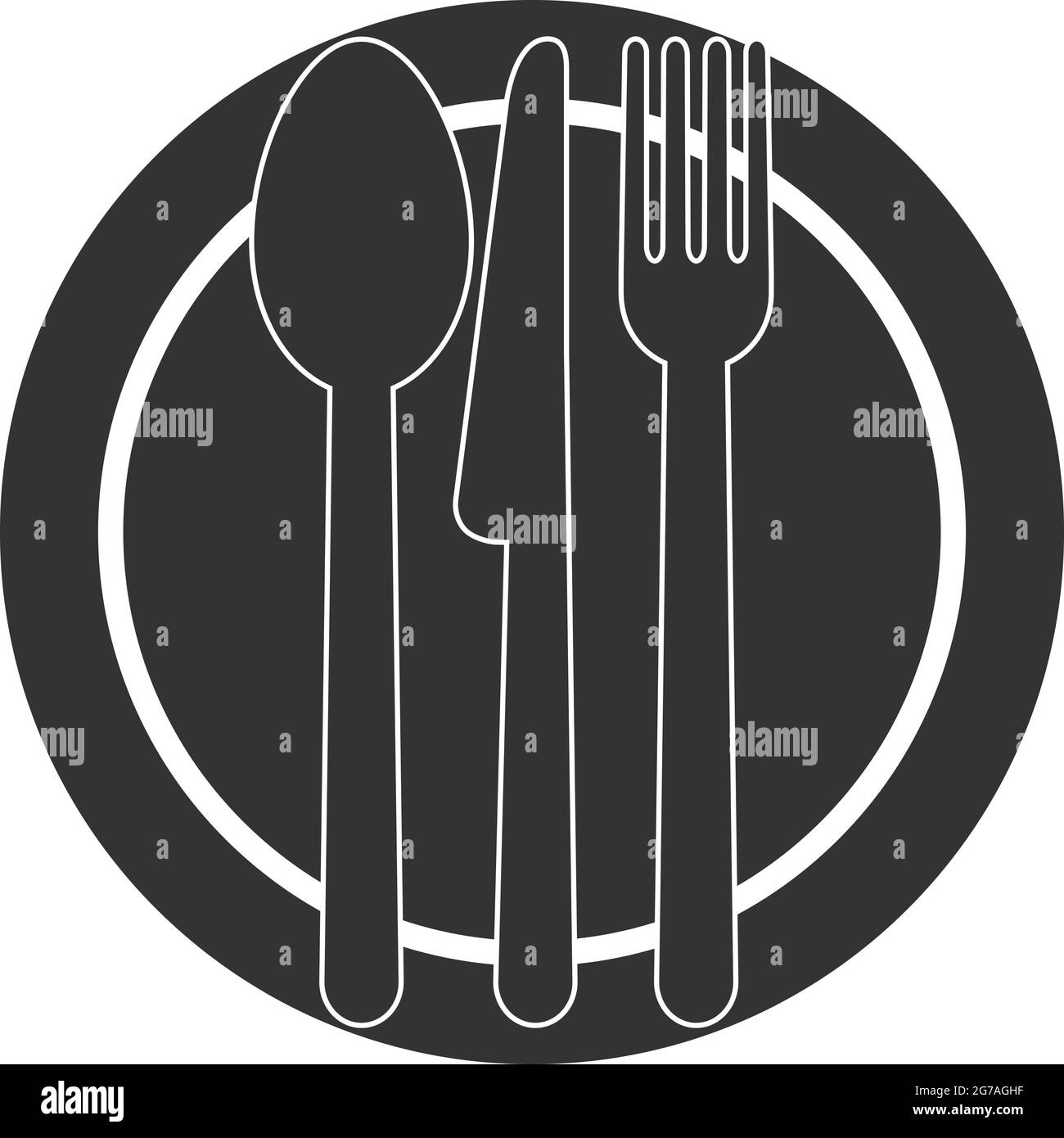 illustration vectorielle d'une assiette et d'une coutellerie noires et blanches ou d'un symbole représentant une icône Illustration de Vecteur