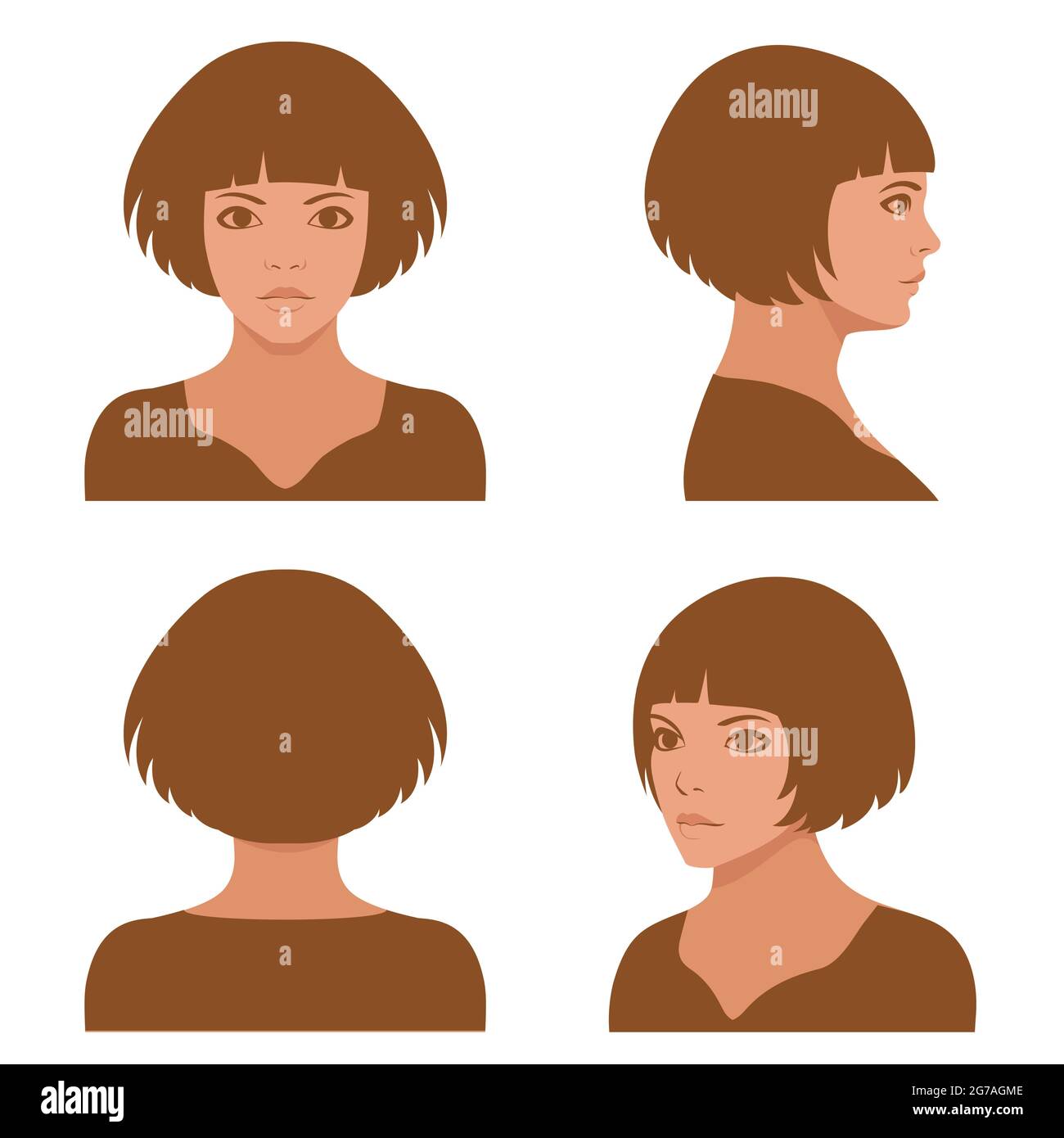 coiffures de fille de vecteur, visage complet et personnage de tête de ...