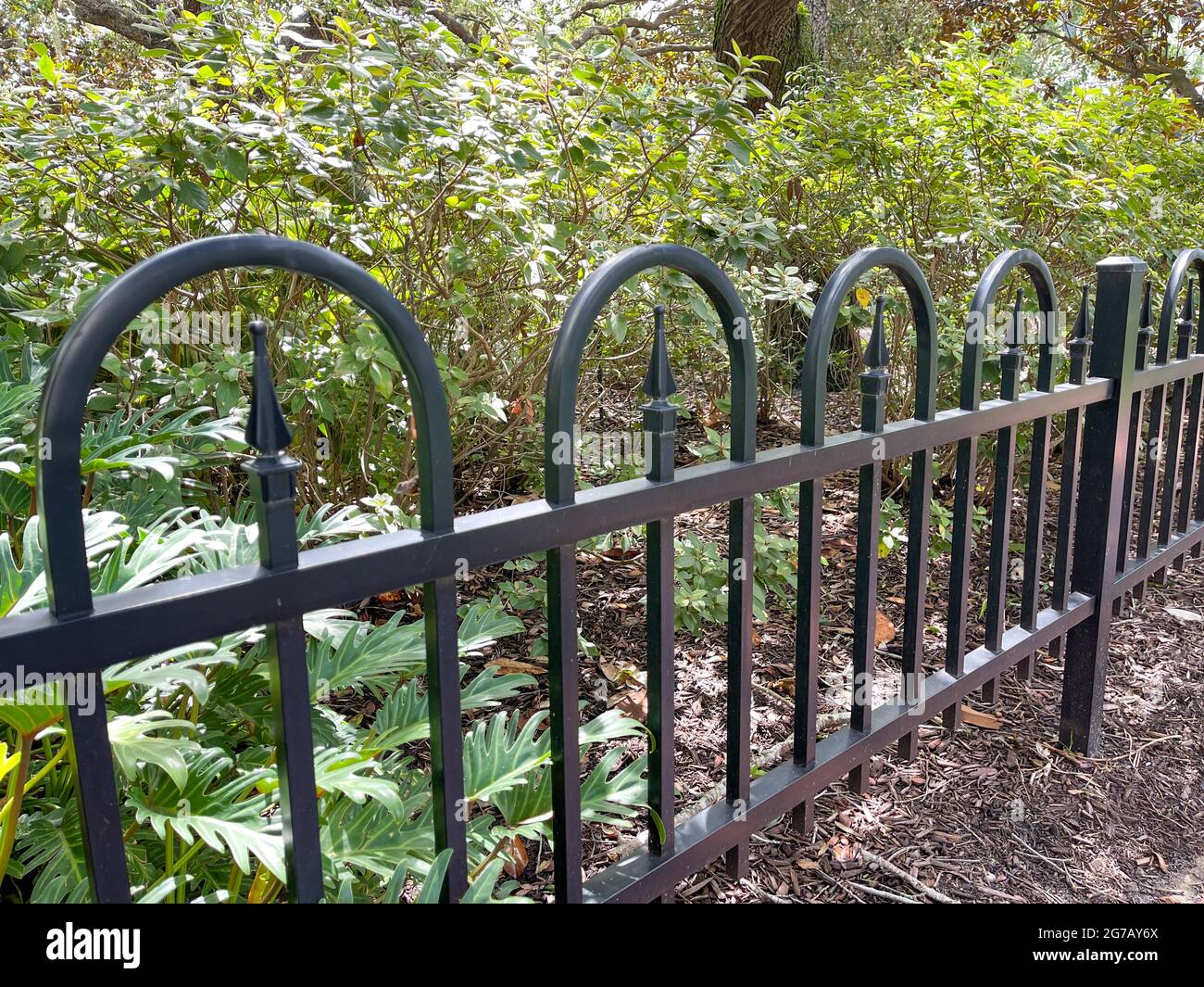 Un gros plan d'une clôture noire le long d'un chemin dans un parc de Celebration, Floride qui peut être utilisé comme un arrière-plan. Banque D'Images