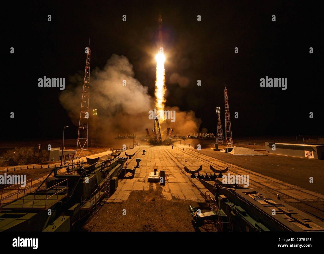 Le vaisseau Soyuz MS-12 est lancé avec les membres d'équipage de l'expédition 59 Nick Hague et Christina Koch de la NASA, ainsi qu'Alexey Ovchinin de Roscosmos, le 15 mars 2019, au Cosmodrome de Baikonour, au Kazakhstan. La Haye, Koch et Ovchinin passeront six mois et demi à vivre et à travailler à bord de la Station spatiale internationale. Une version unique, optimisée et numériquement améliorée d'une image de la NASA par le photographe principal de la NASA Bill Ingalis / Credit NASA Banque D'Images