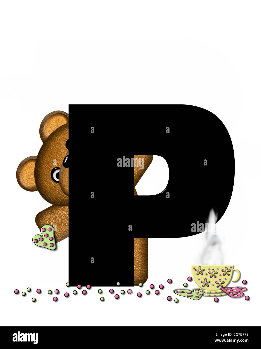 La lettre P, dans l'ensemble d'alphabet « Teddy Tea Time », est noire. L'ours en peluche prend une tasse de thé chaud avec des biscuits en forme de cœur et dépolis. Sprink de bonbons Banque D'Images