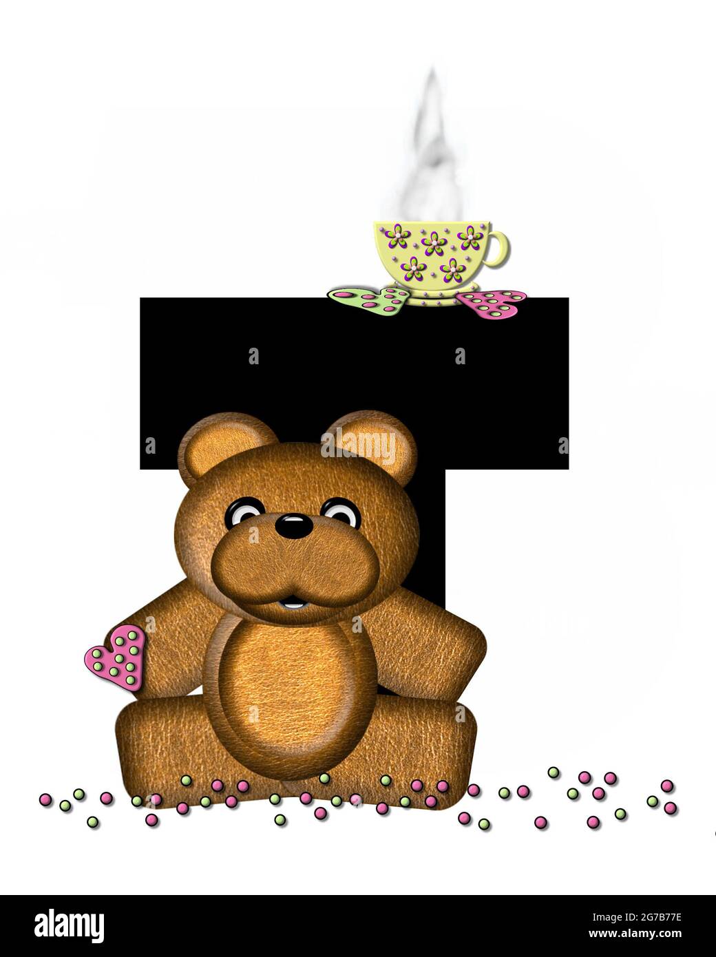 La lettre T, dans l'ensemble d'alphabet « Teddy Tea Time », est noire. L'ours en peluche prend une tasse de thé chaud avec des biscuits en forme de cœur et dépolis. Sprink de bonbons Banque D'Images