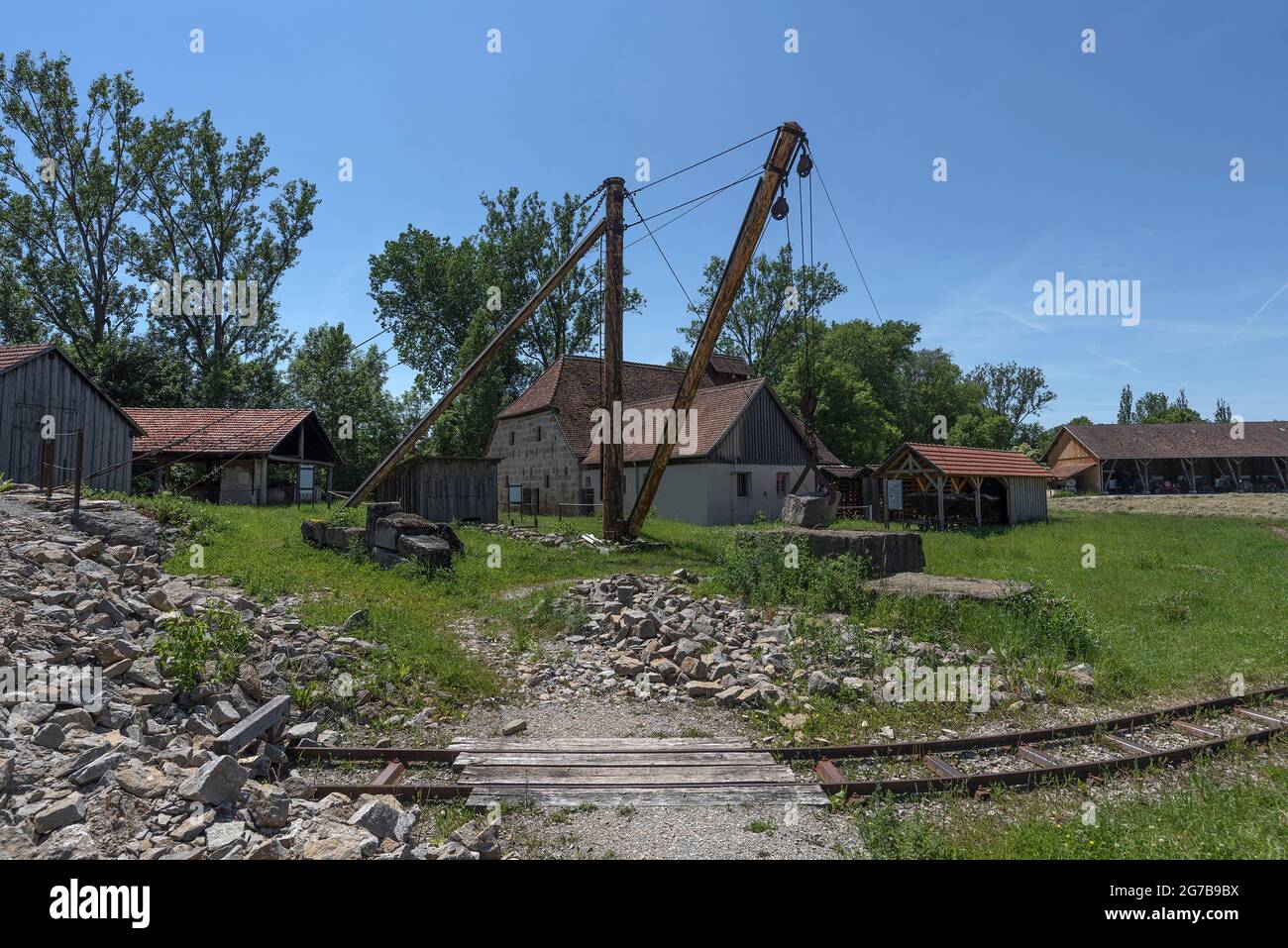 Carrière de pierre naturelle à la fin du XIXe siècle, réplique dans le musée en plein air franconien, Bad Windsheim, moyenne-Franconie, Bavière, Germanyd Banque D'Images