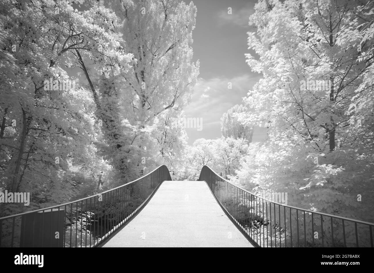 Image infrarouge, pont sur le fleuve Rems, parc paysage Talaue, Waiblingen, Bade-Wurtemberg, Allemagne Banque D'Images