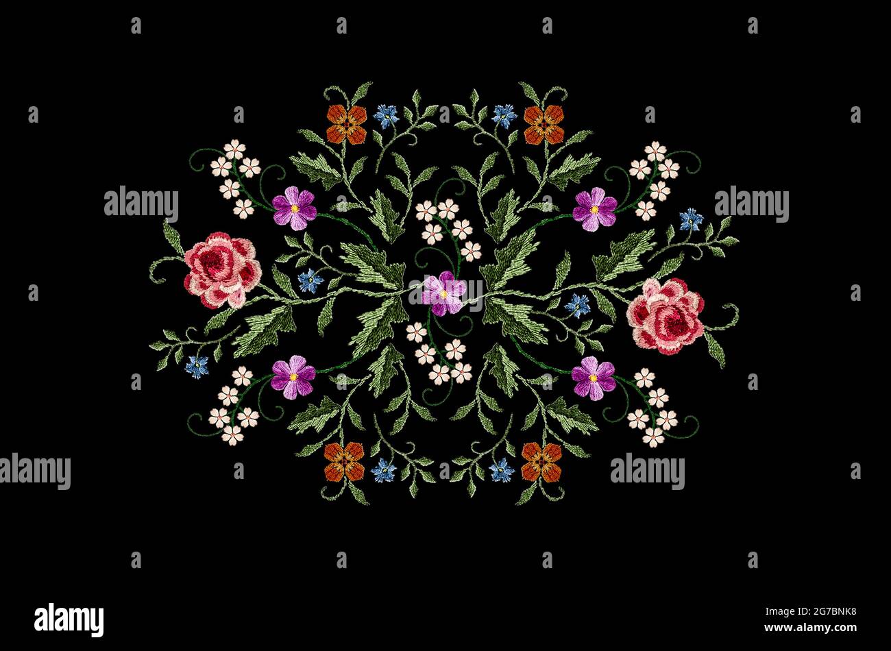 Motif ovale pour la broderie de bouquets avec rose-rouge, roses, petites fleurs blanches sur une branche, violettes délicates et brindilles avec des coquelicots stylisés sur un Banque D'Images