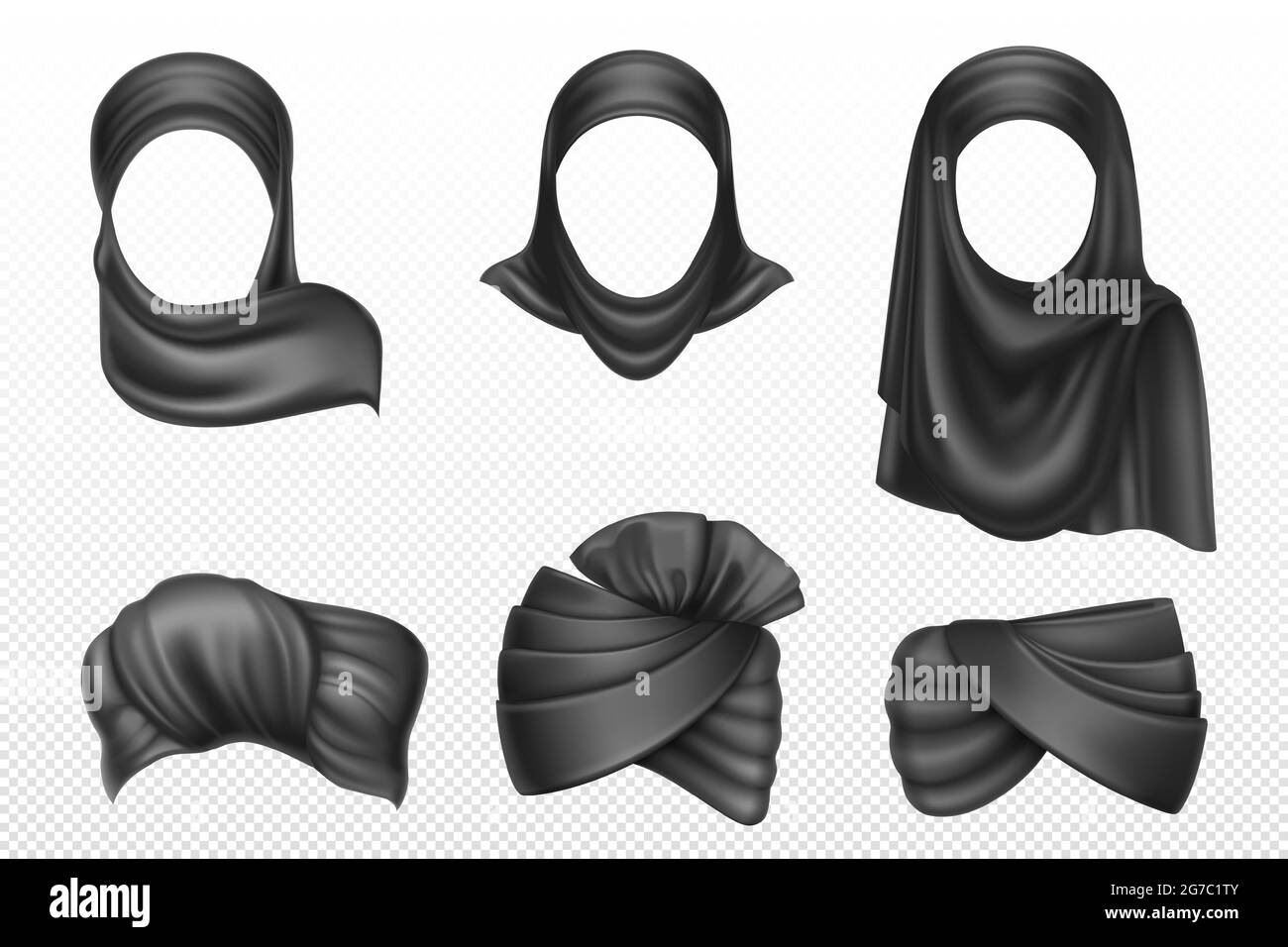 Turbans noirs et hijabs, adresse indienne et arabe pour l'homme et la femme. Ensemble vectoriel réaliste de foulards tortueux, vêtements traditionnels musulmans et islamiques, païd isolé sur fond blanc Illustration de Vecteur