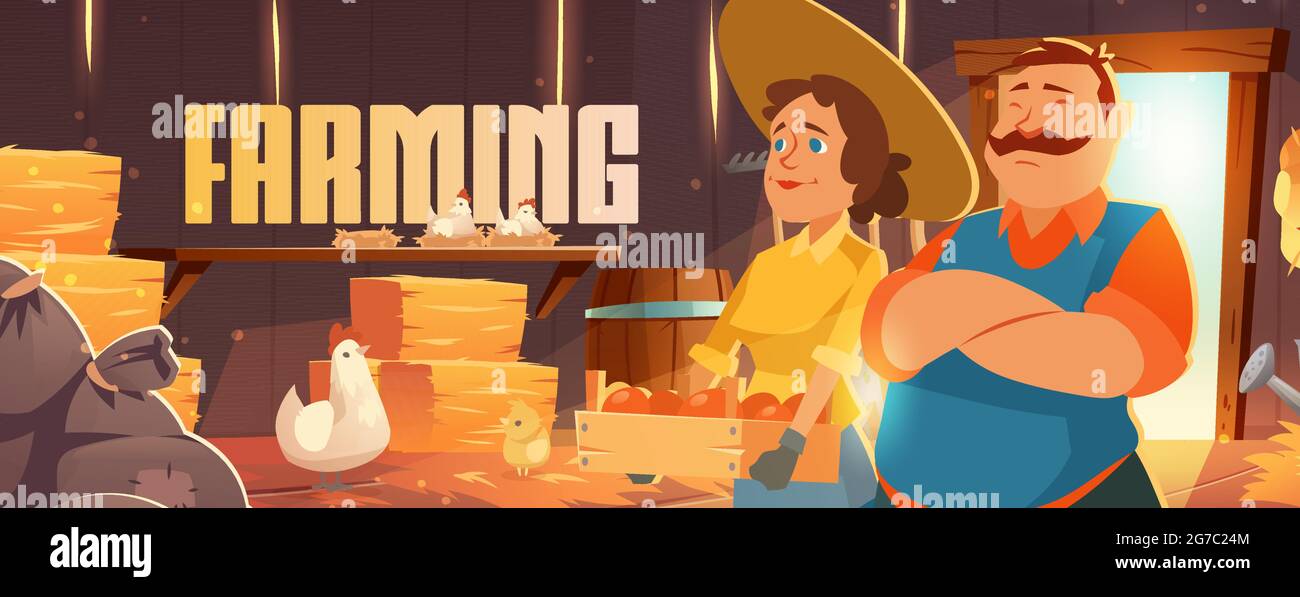Agriculteurs en bannière de dessin animé de grange, élevage de éleveurs avec poulet et légumes ou fruits. Production agricole, volaille ou volaille éco-alimentaire, ranche marché des produits naturels, bannière web vecteur Illustration de Vecteur
