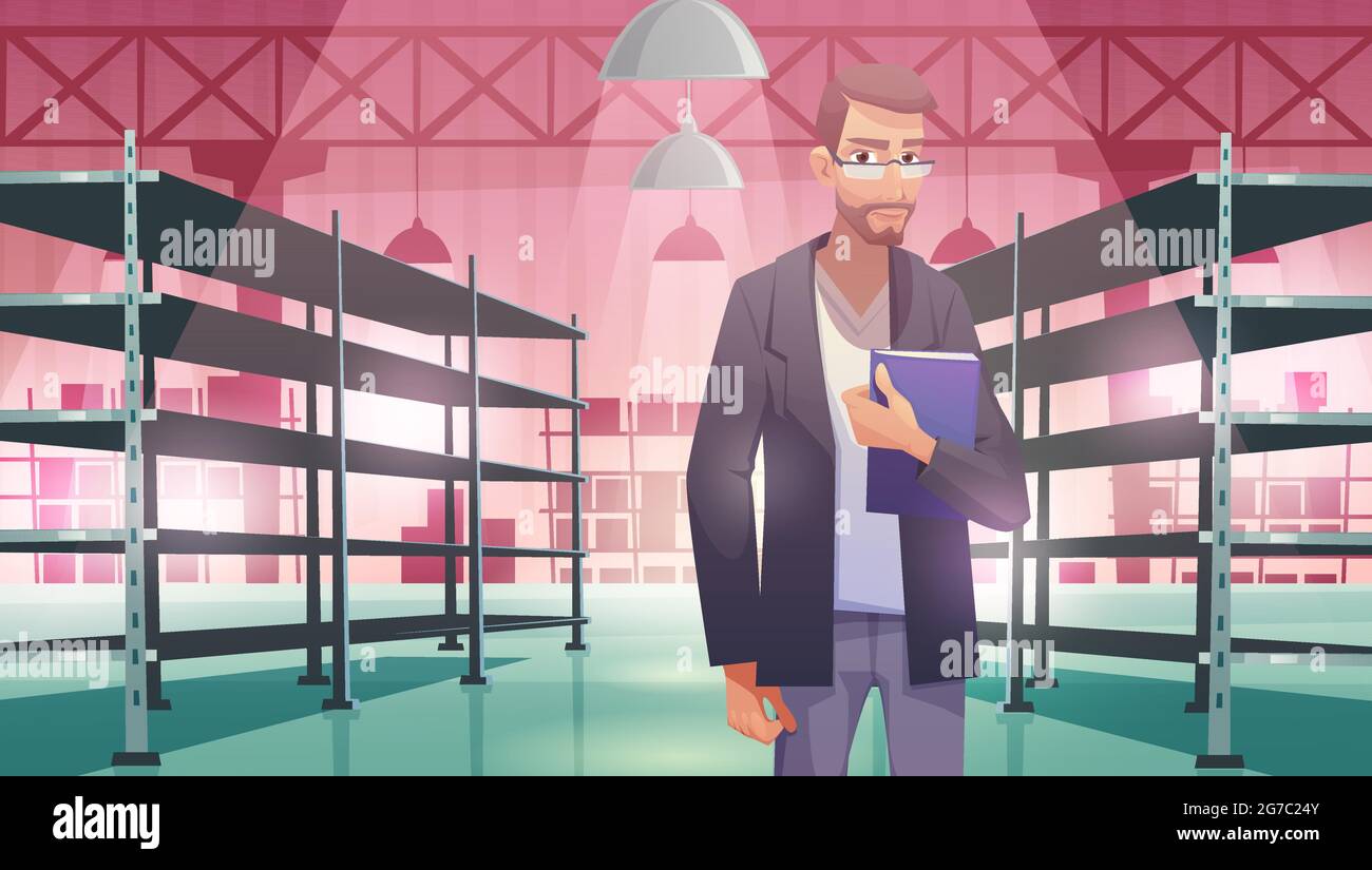 Homme d'affaires dans un entrepôt avec des casiers métalliques vides. Dessin animé vectoriel de l'intérieur de la salle de stockage avec le travailleur et les étagères pour le stock, la cargaison, les marchandises. Magasin avec homme avec dossier Illustration de Vecteur